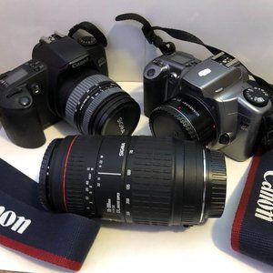 2 Cannon SLR Film Rebel EOS 35mm Cameras + 3 Lenses